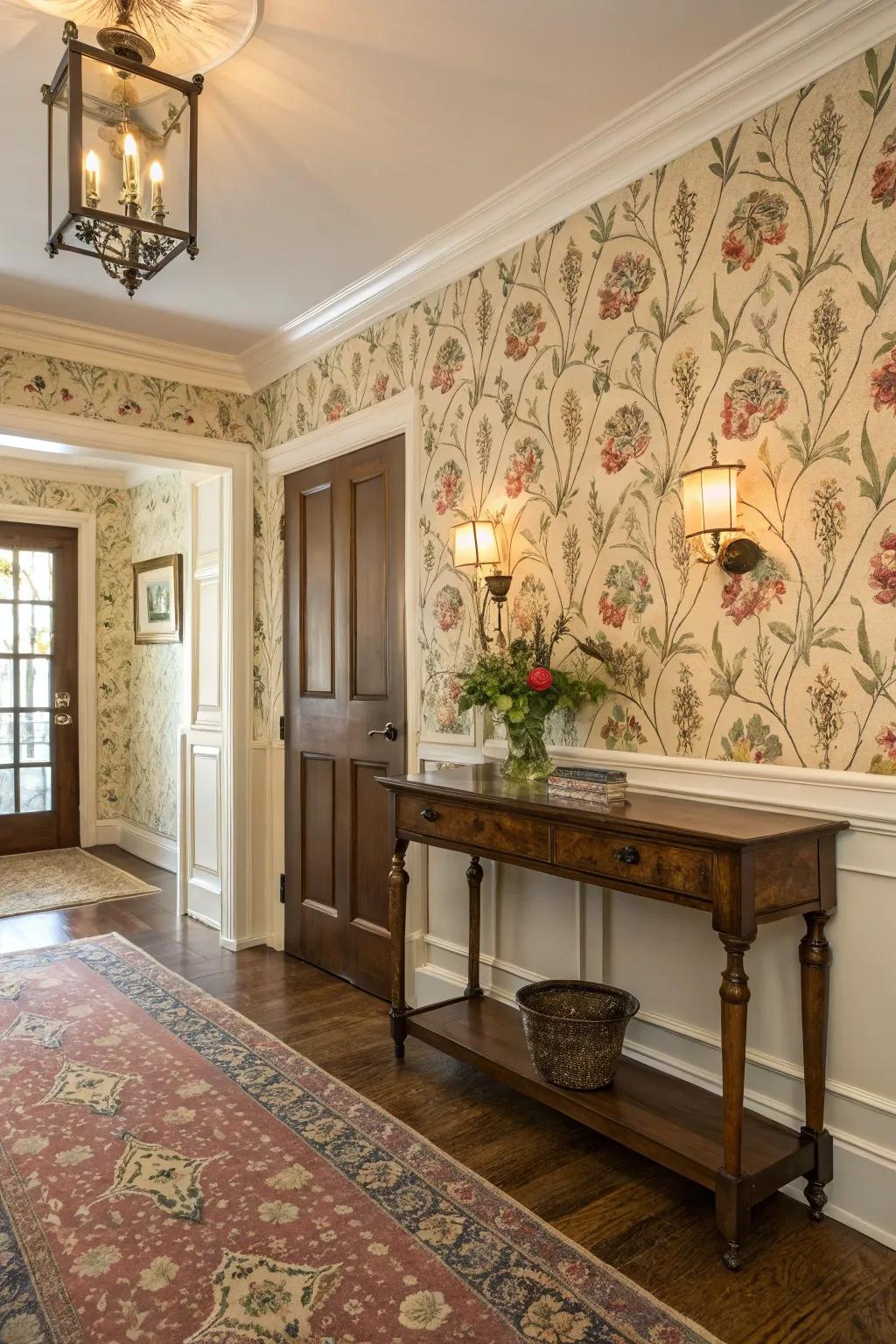 Vintage patterns bring timeless charm to your entryway, blending past and present beautifully.
