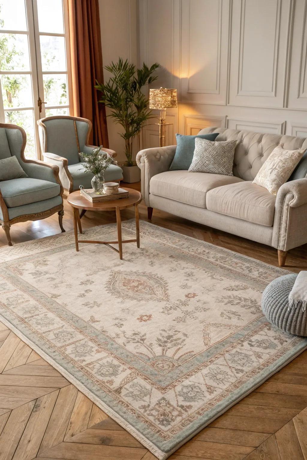 Ground your space with a chic area rug that adds warmth and texture.