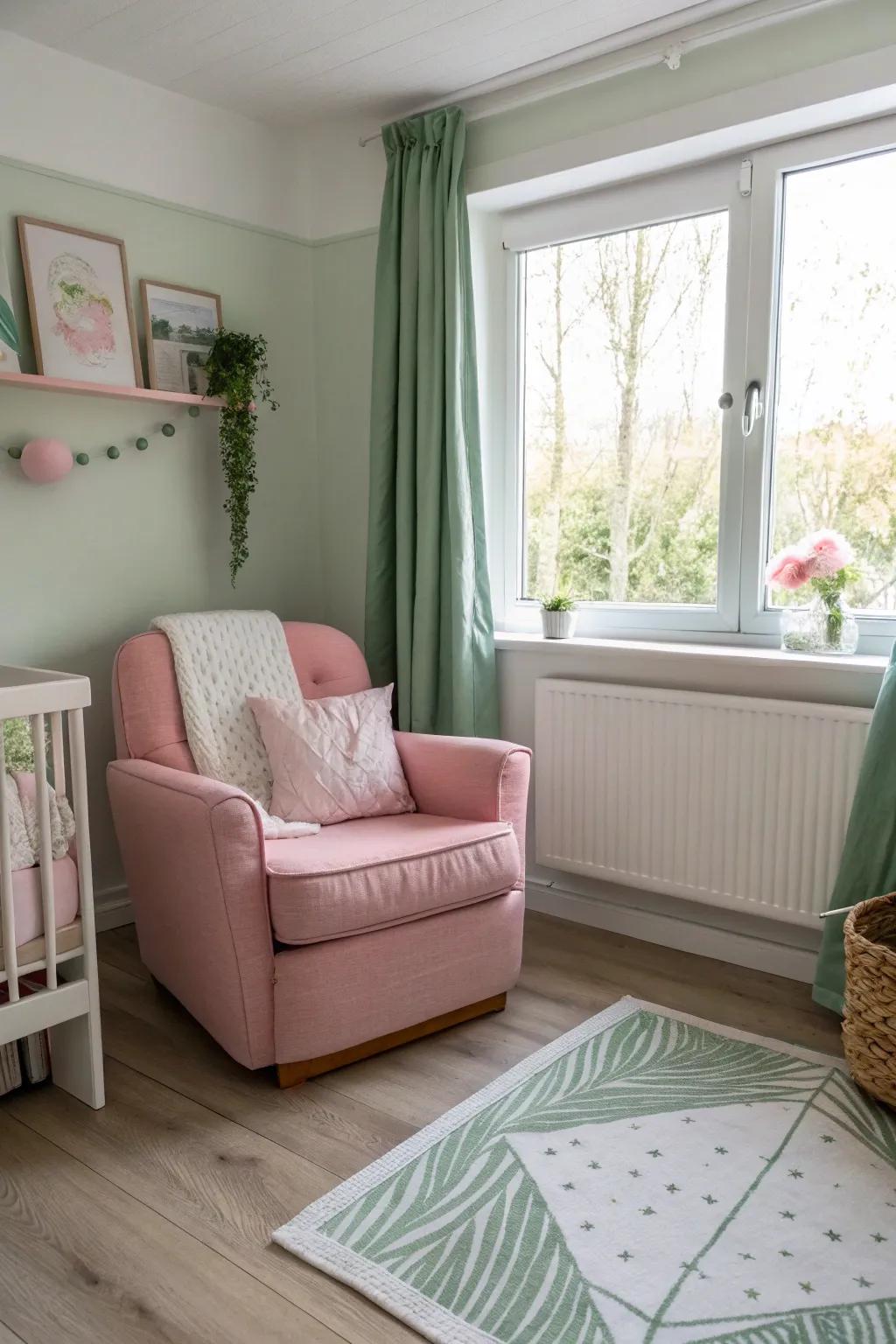 Relax and bond in style with a cozy pink seating area perfect for cuddles and stories.