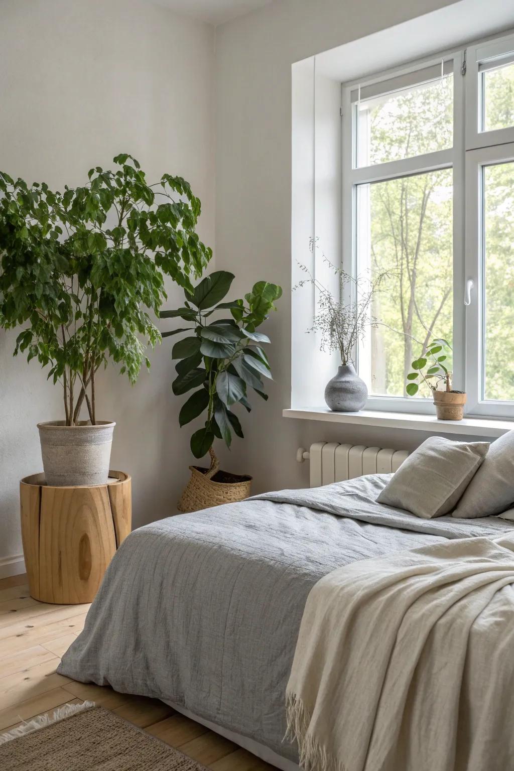 Bring nature indoors with greenery that adds a refreshing contrast to your serene bedroom palette.
