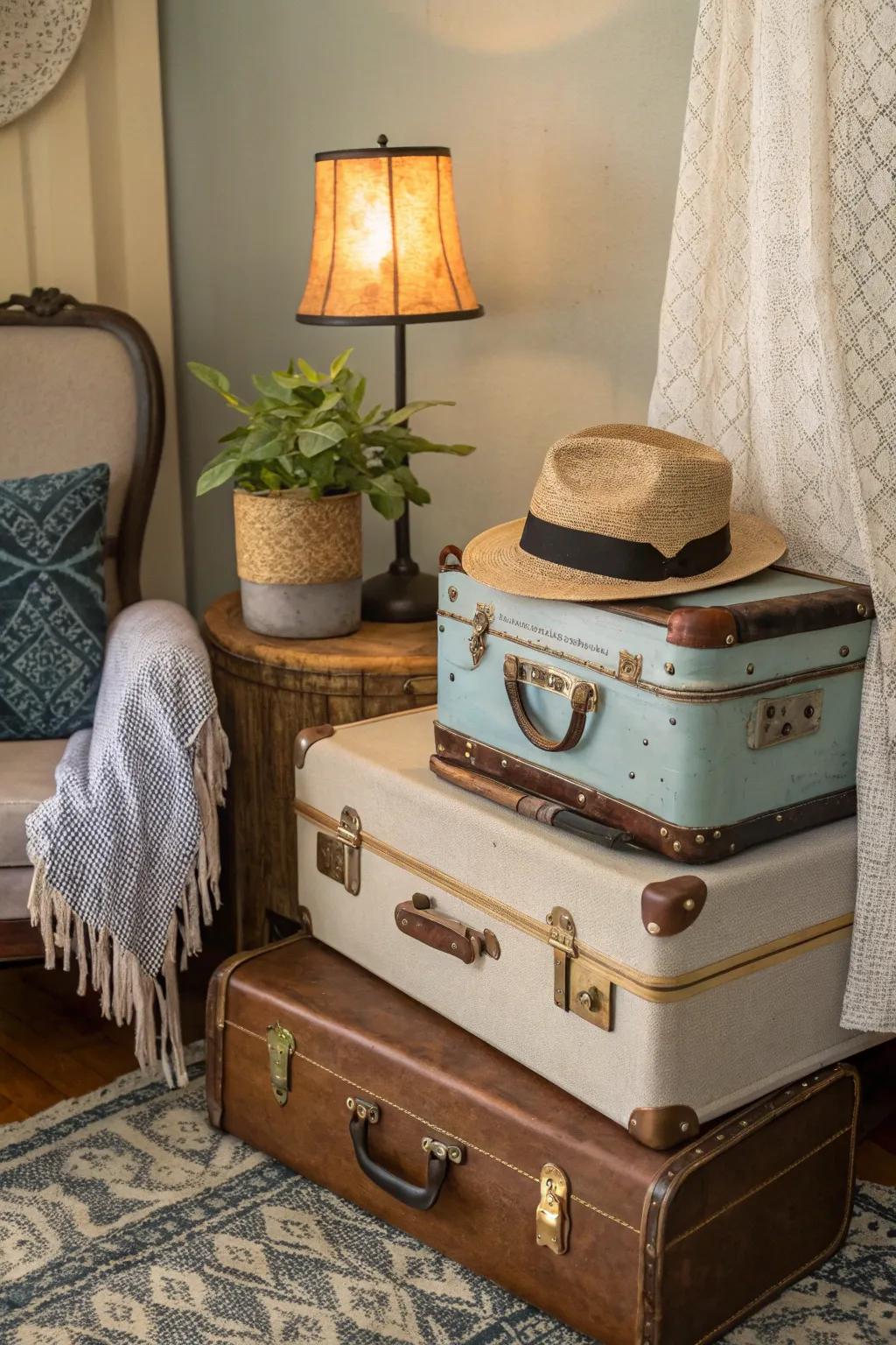 Add charm to your space with vintage suitcases that store hats while enhancing your decor.