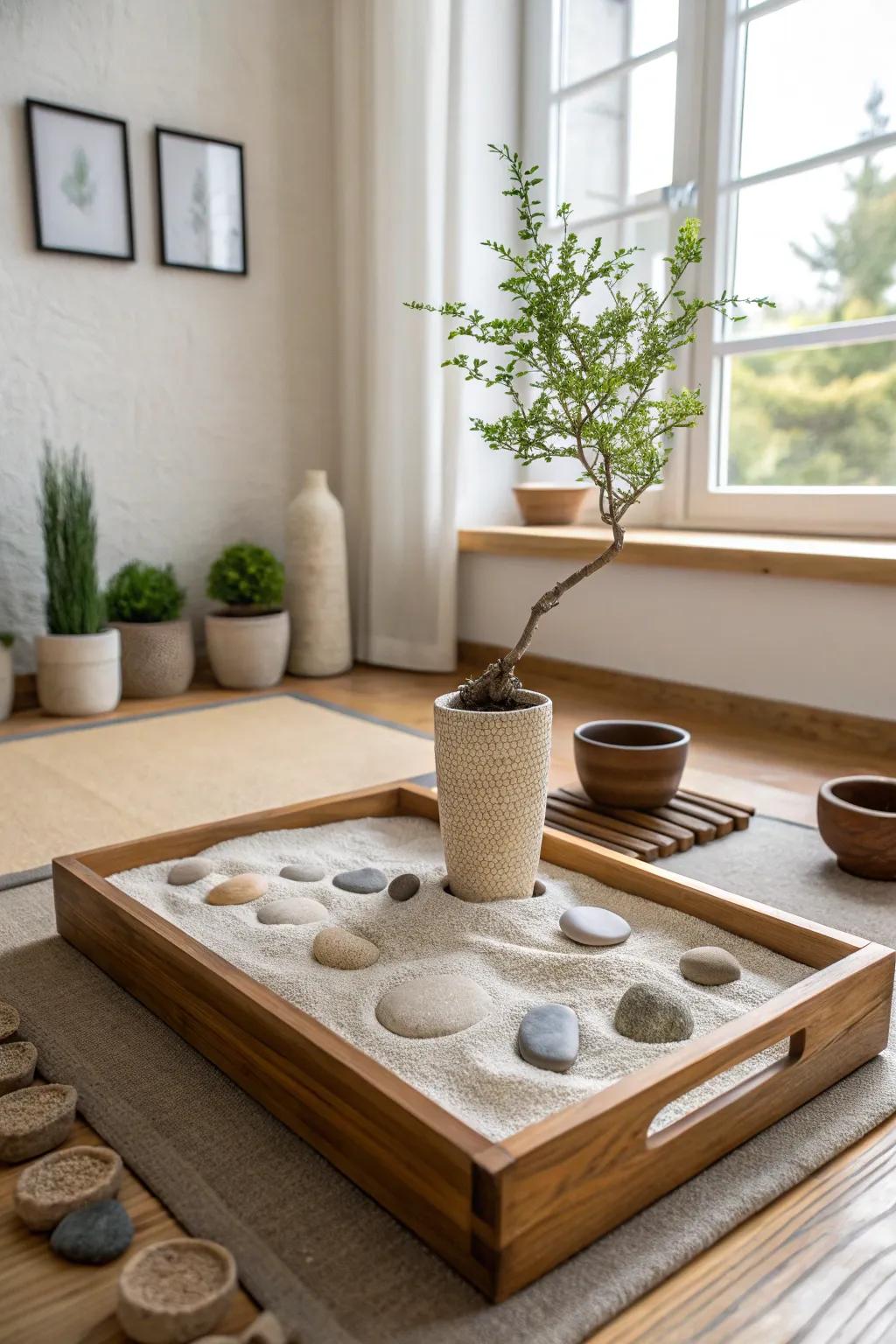 Create a meditative indoor Zen garden for peace and tranquility. 🌱 #ZenGarden #CalmSpace