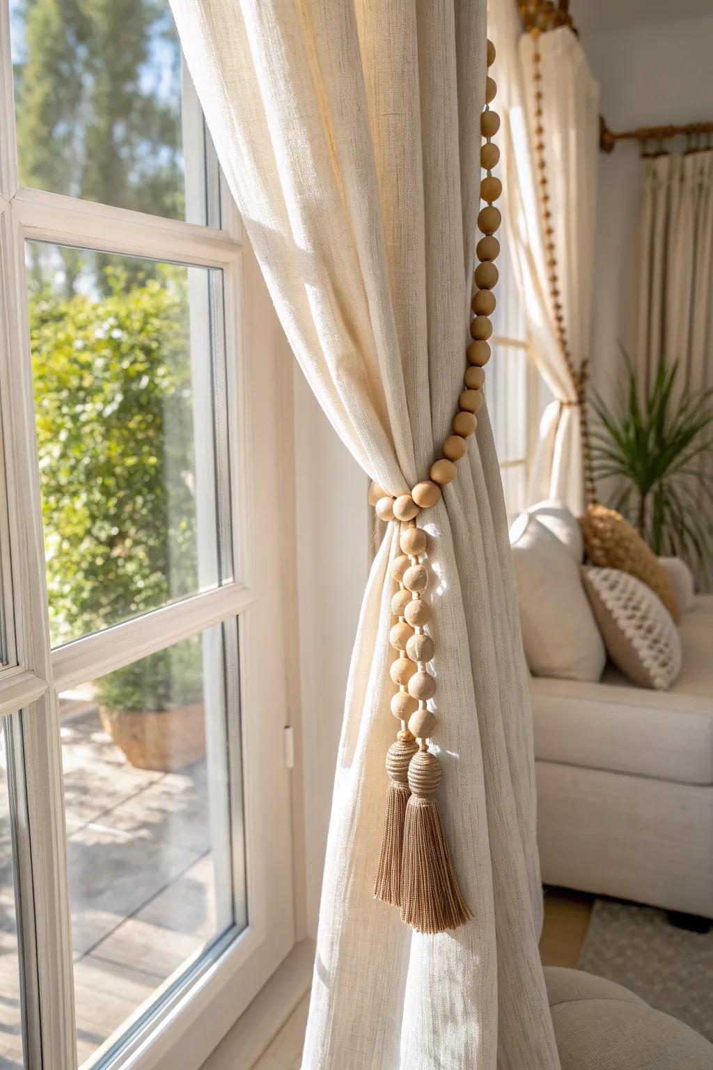 Add a playful twist to your windows with wooden bead garland curtain tiebacks.