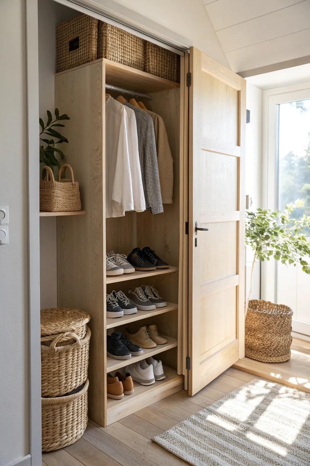 A shoe rack turns the bottom of your closet into an organized showcase for your favorite footwear.