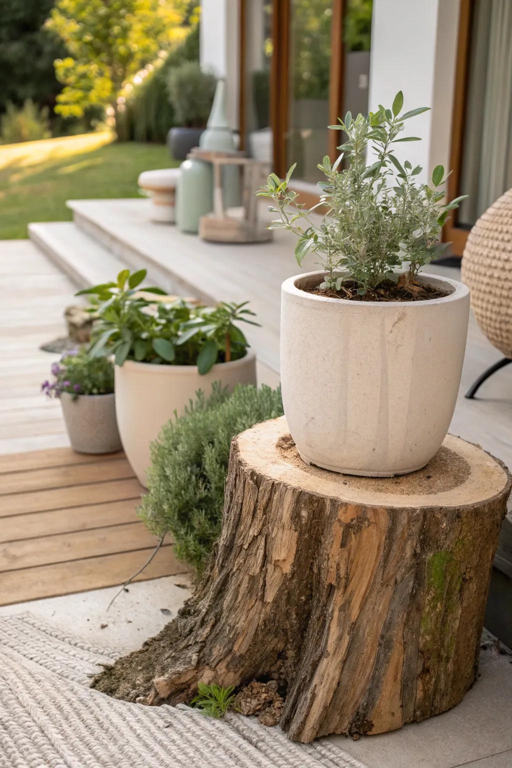Blend nature and decor with a hollowed tree stump that serves as a charming planter.