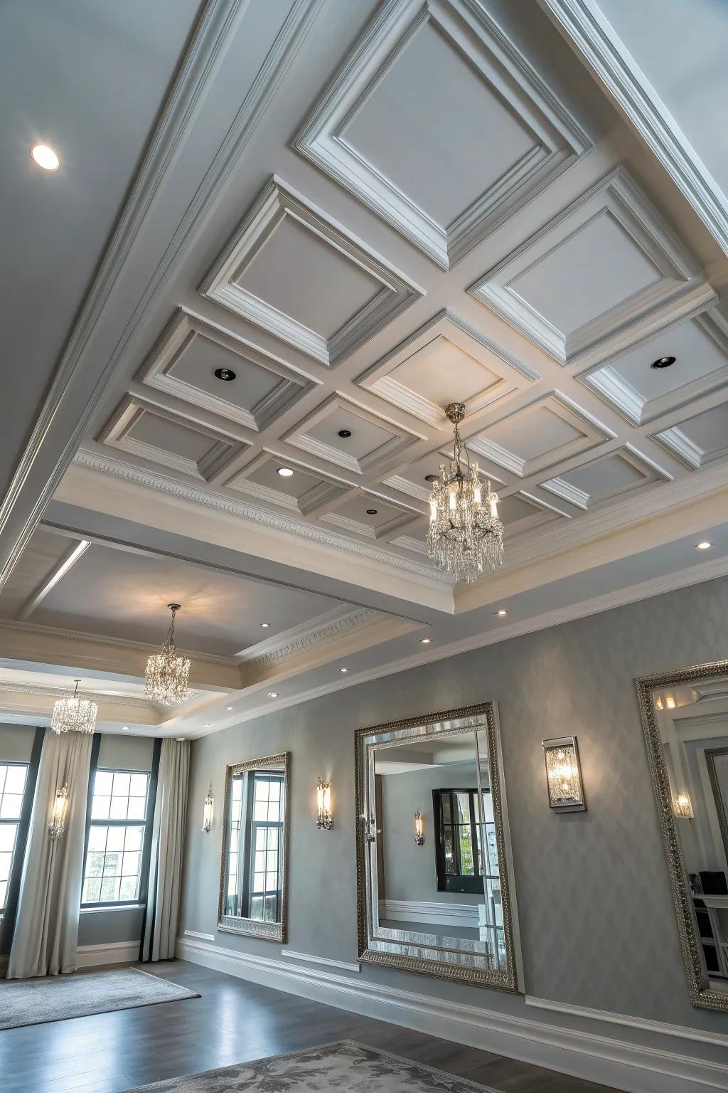 Create light and space illusions with mirrored coffered ceilings. #MirroredMagic #InteriorTricks #SpaceHacks