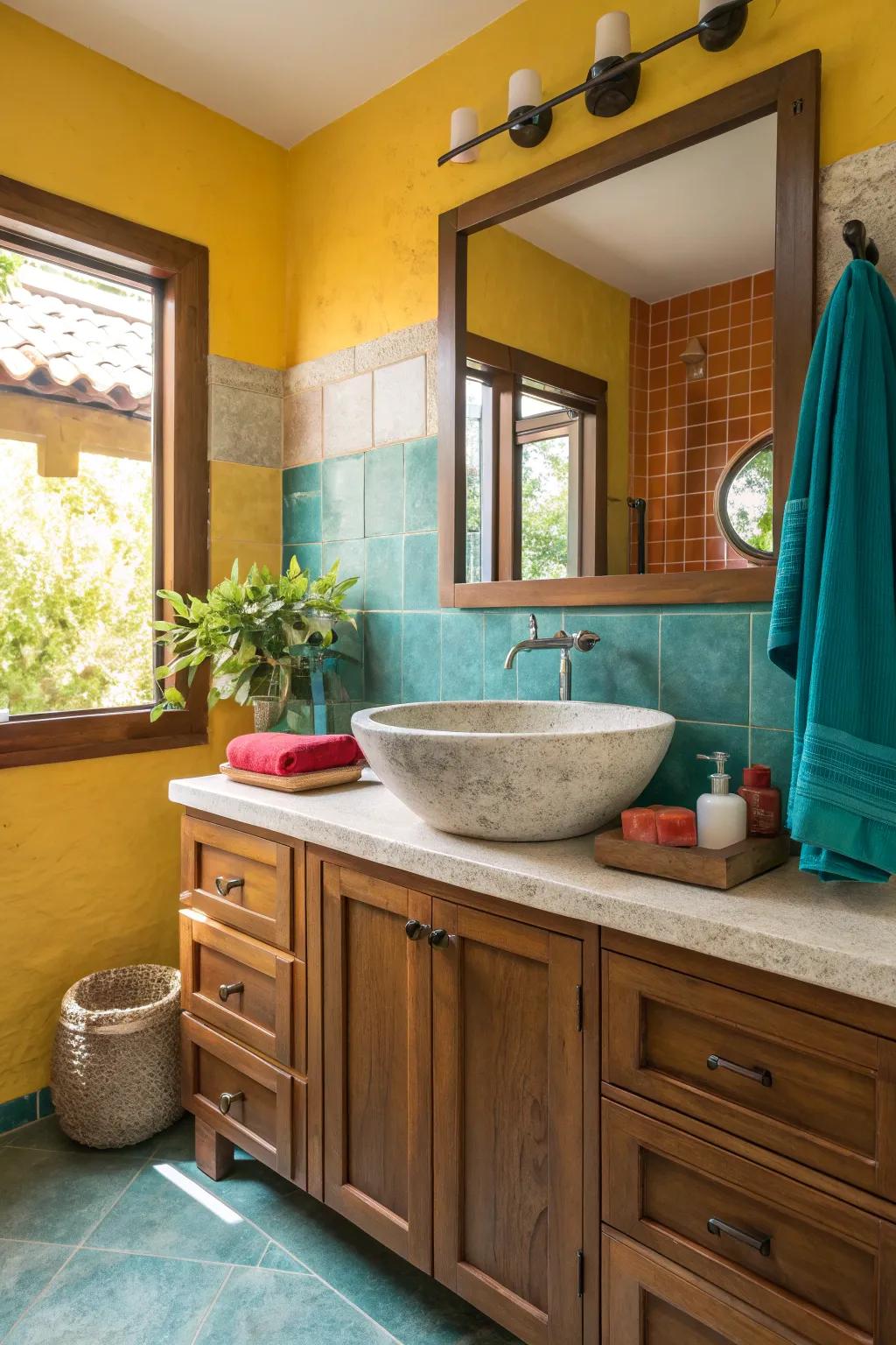 Mixed materials create a dynamic yet harmonious bathroom design.