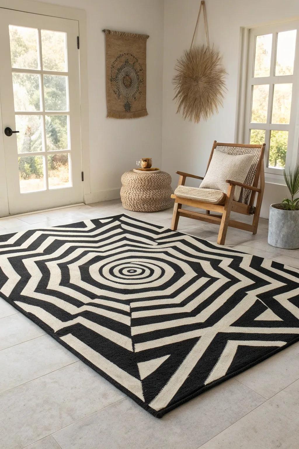 Anchor your living room with an op art-inspired rug that adds sophistication and style.