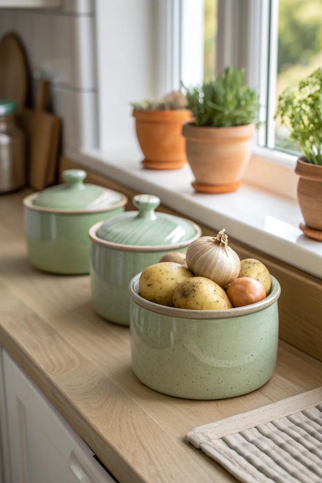 Bring elegance to your kitchen with timeless ceramic pot storage.