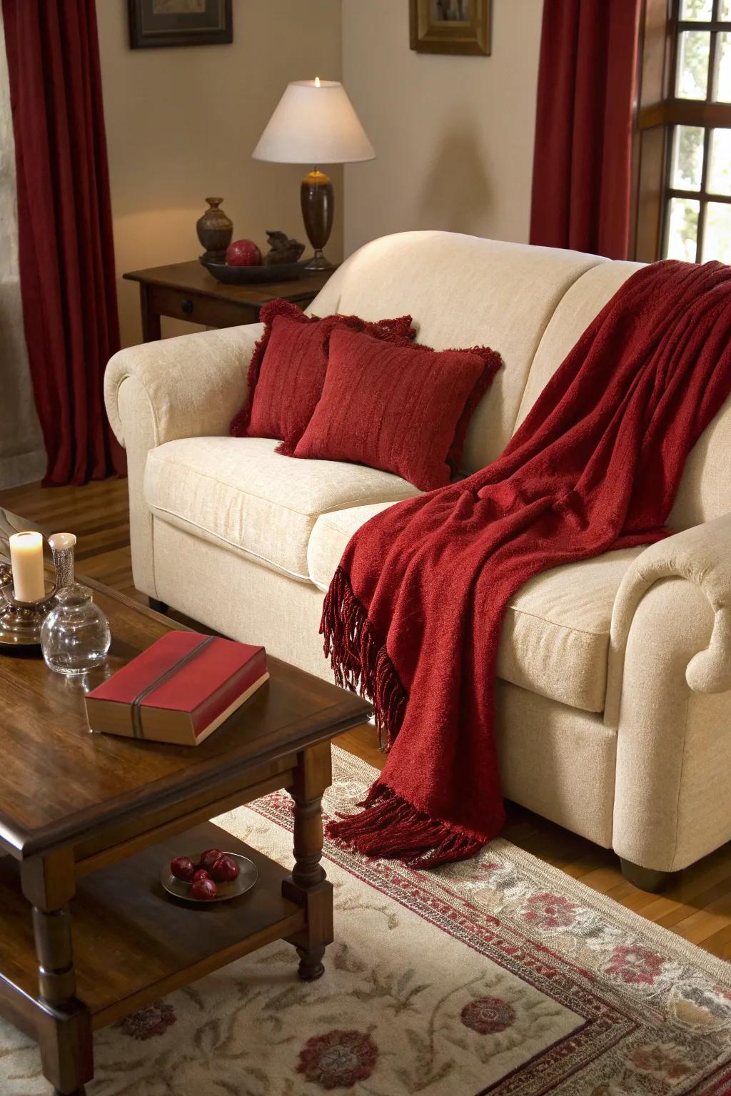 Instantly cozy up your space with cream furniture and vibrant red throws.