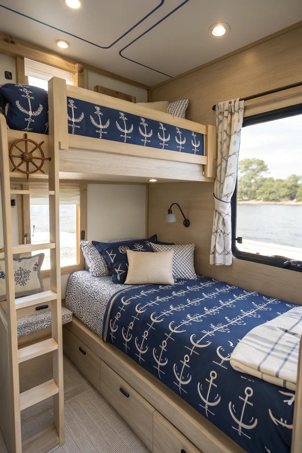 Sail away in style with nautical-themed RV bunk beds. ⚓️🌊 #TravelInStyle