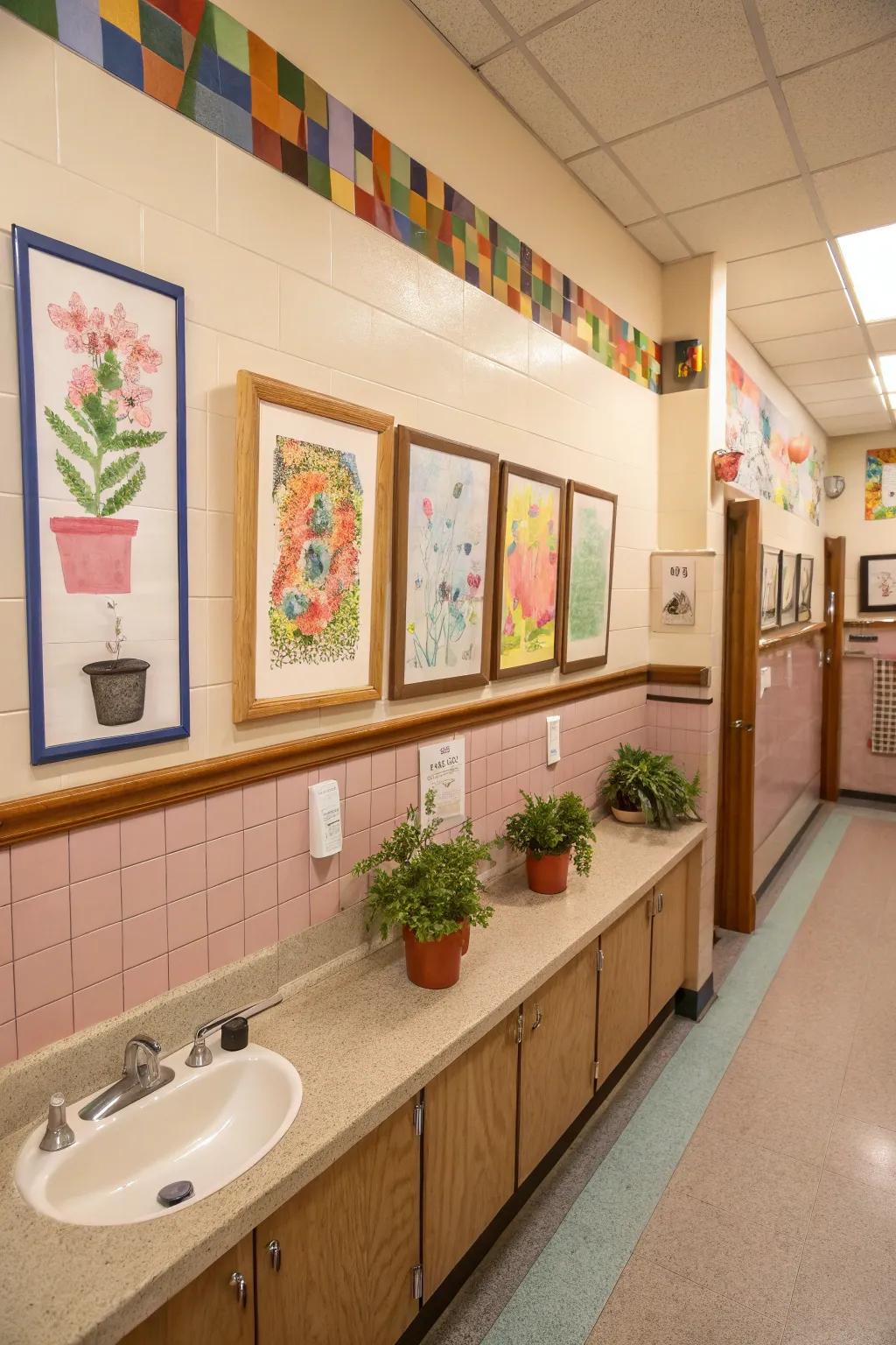Celebrate creativity by showcasing student artwork that adds a personal touch to the bathroom.