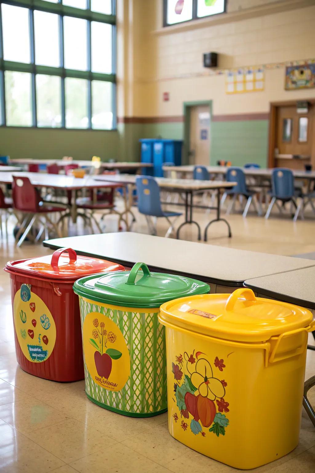 Make cleanliness fun with decorative and colorful trash bins.