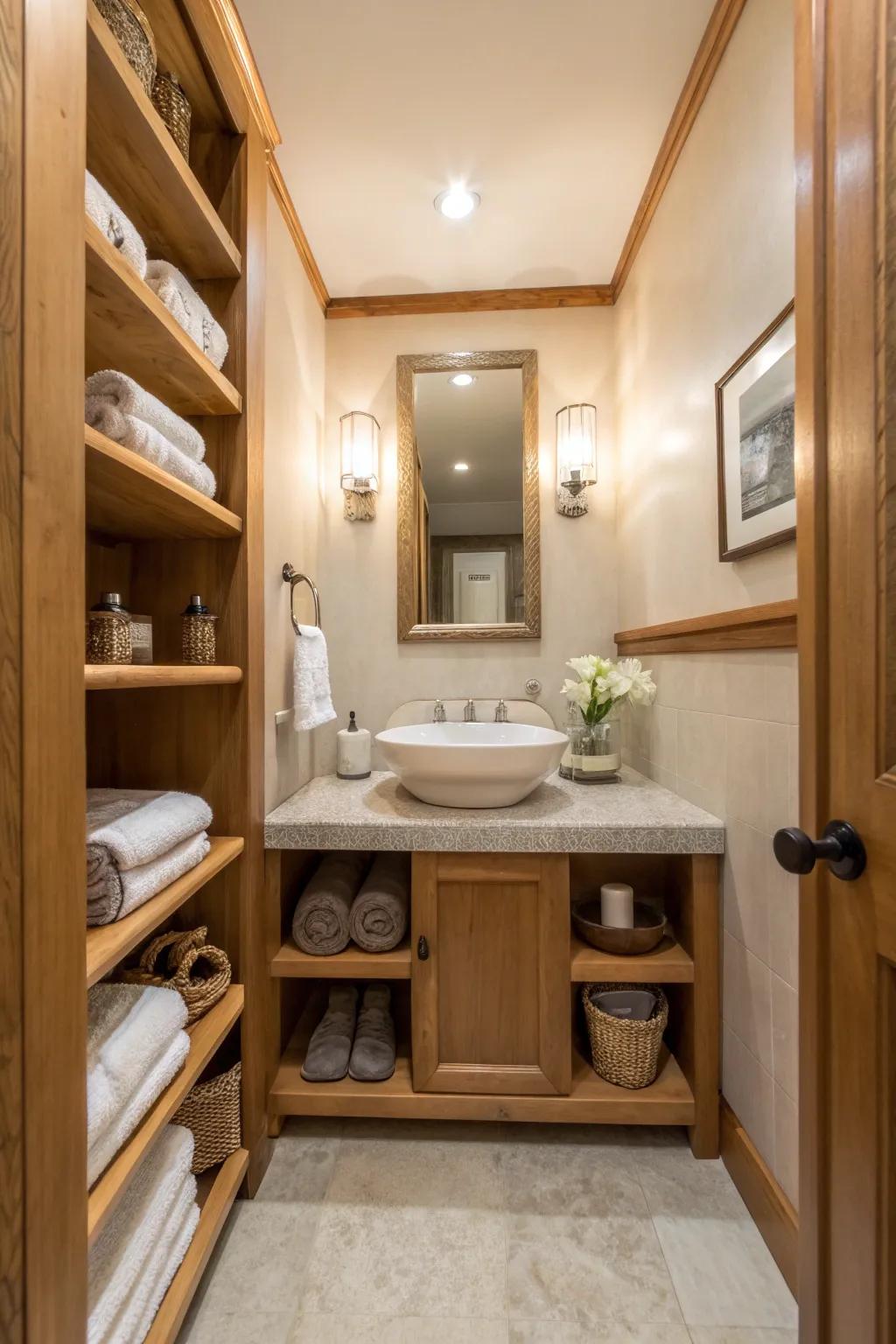 Open shelving adds functionality and style, perfect for displaying your favorite decor.