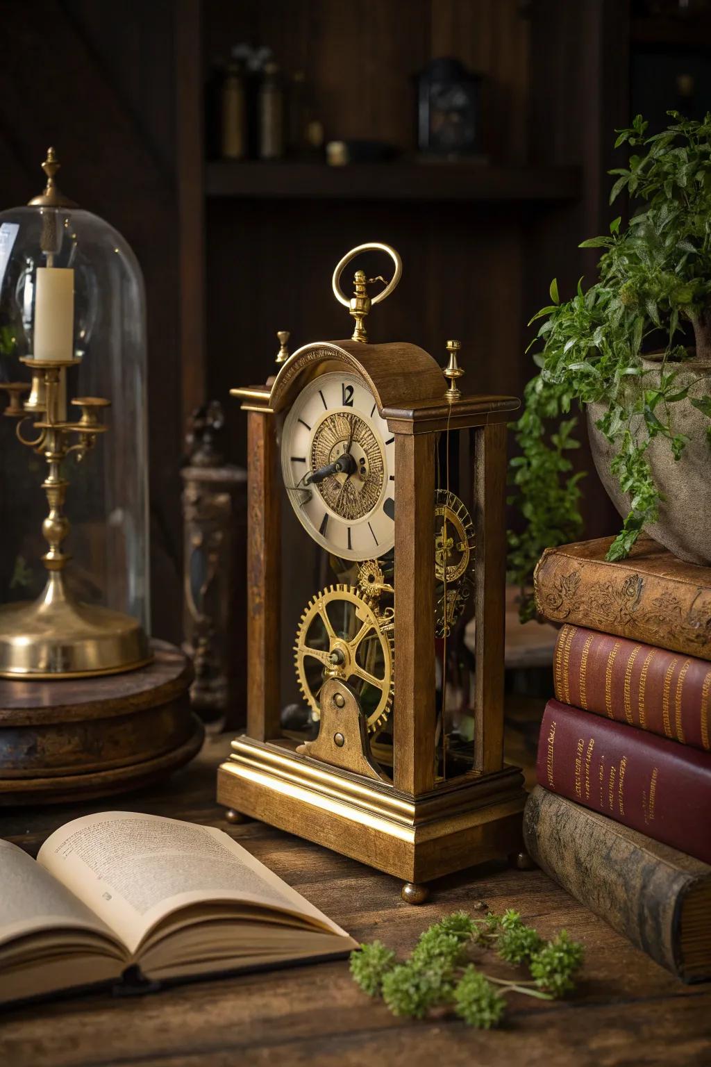 An antique clock with exposed gears adds timeless charm to your steampunk decor.