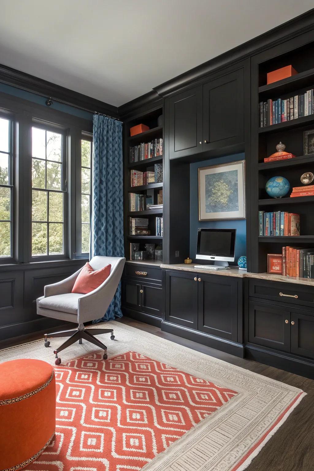 Add sophistication with sleek black accents in your study space.