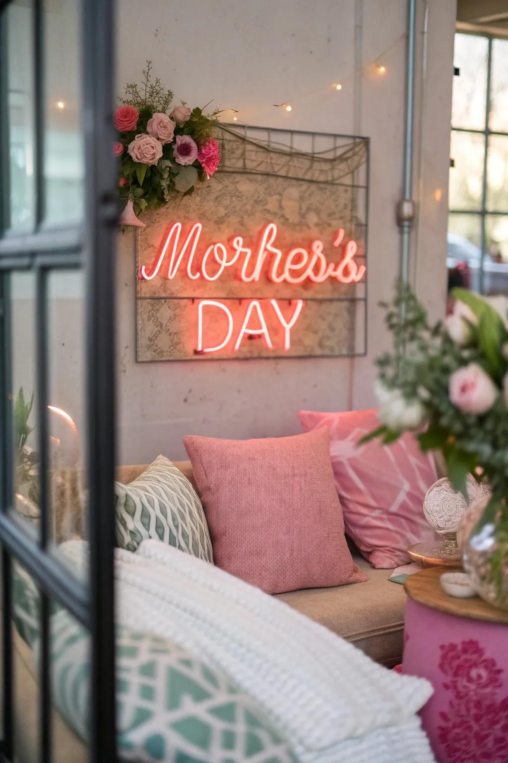 Neon signs add a modern twist to Mother's Day decor, lighting up the celebration.