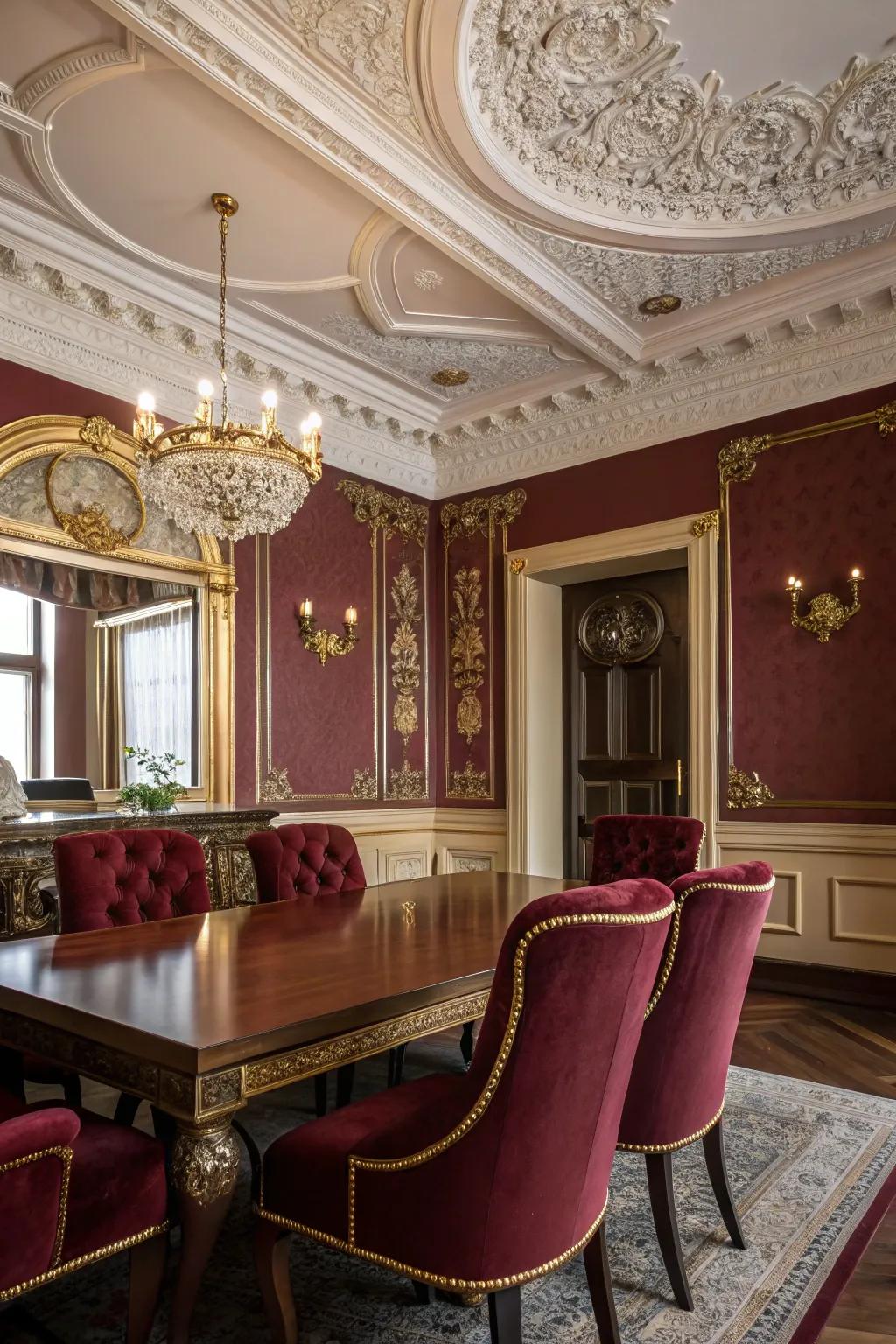 Crown moldings elevate your dining room's sophistication, adding layers of detail. #CeilingDesign #ElegantSpaces