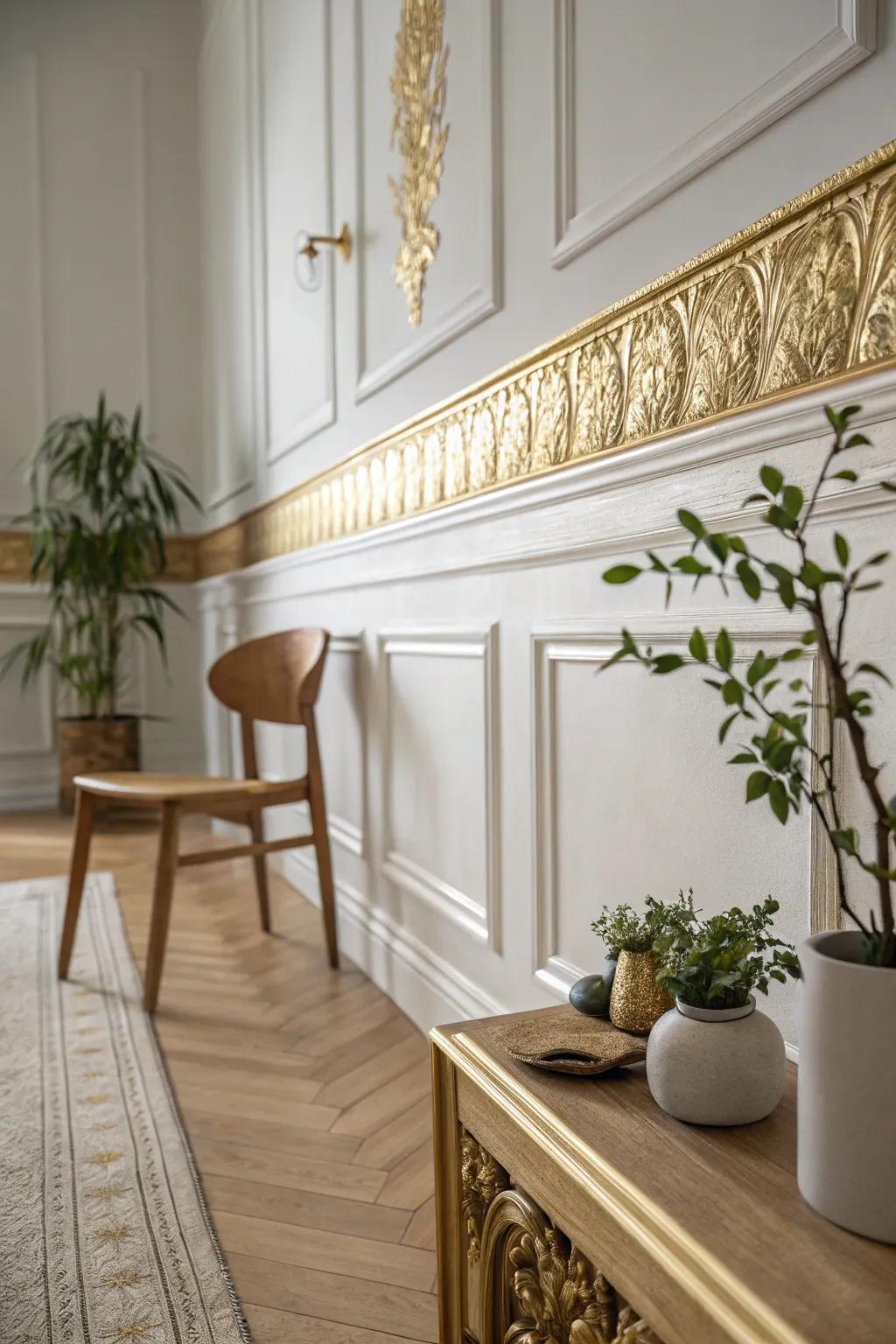 Transform your space with gilded wainscoting caps that bring a touch of opulence and luxury.