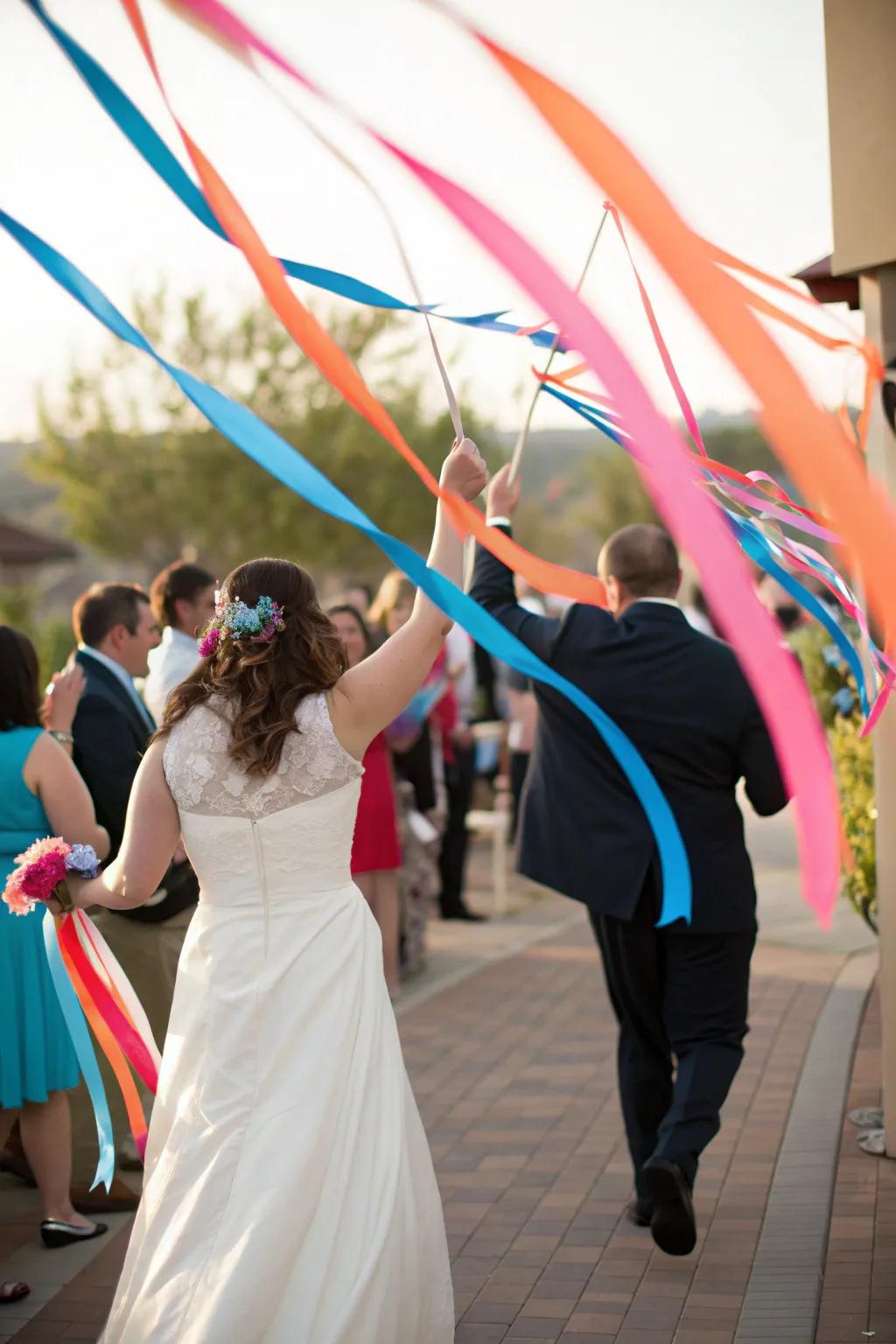 Wave your love goodbye with a sea of colorful ribbon wands. #RibbonWands #WhimsicalExit