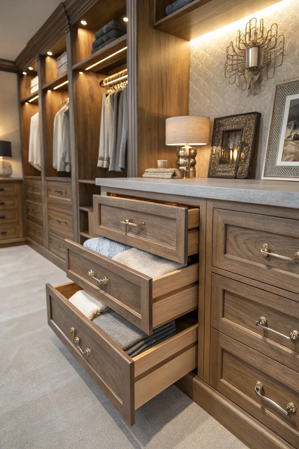 Add elegance and organization with stylish drawer systems in your closet.