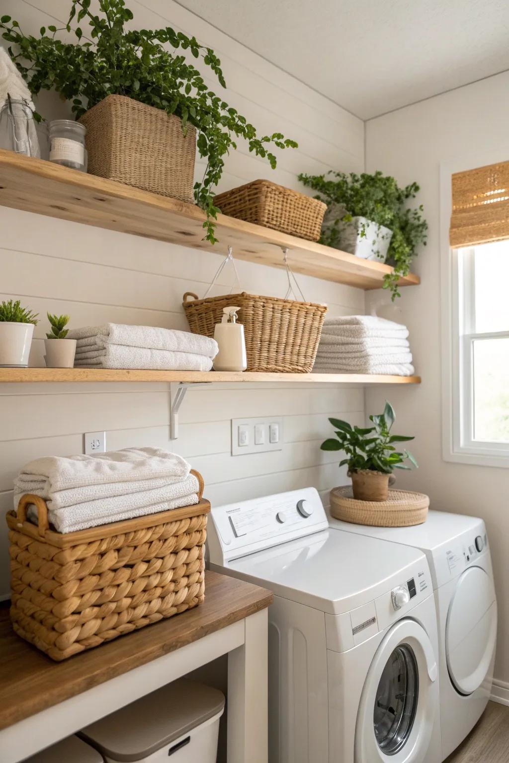 Floating shelves add style and functionality to any laundry space.