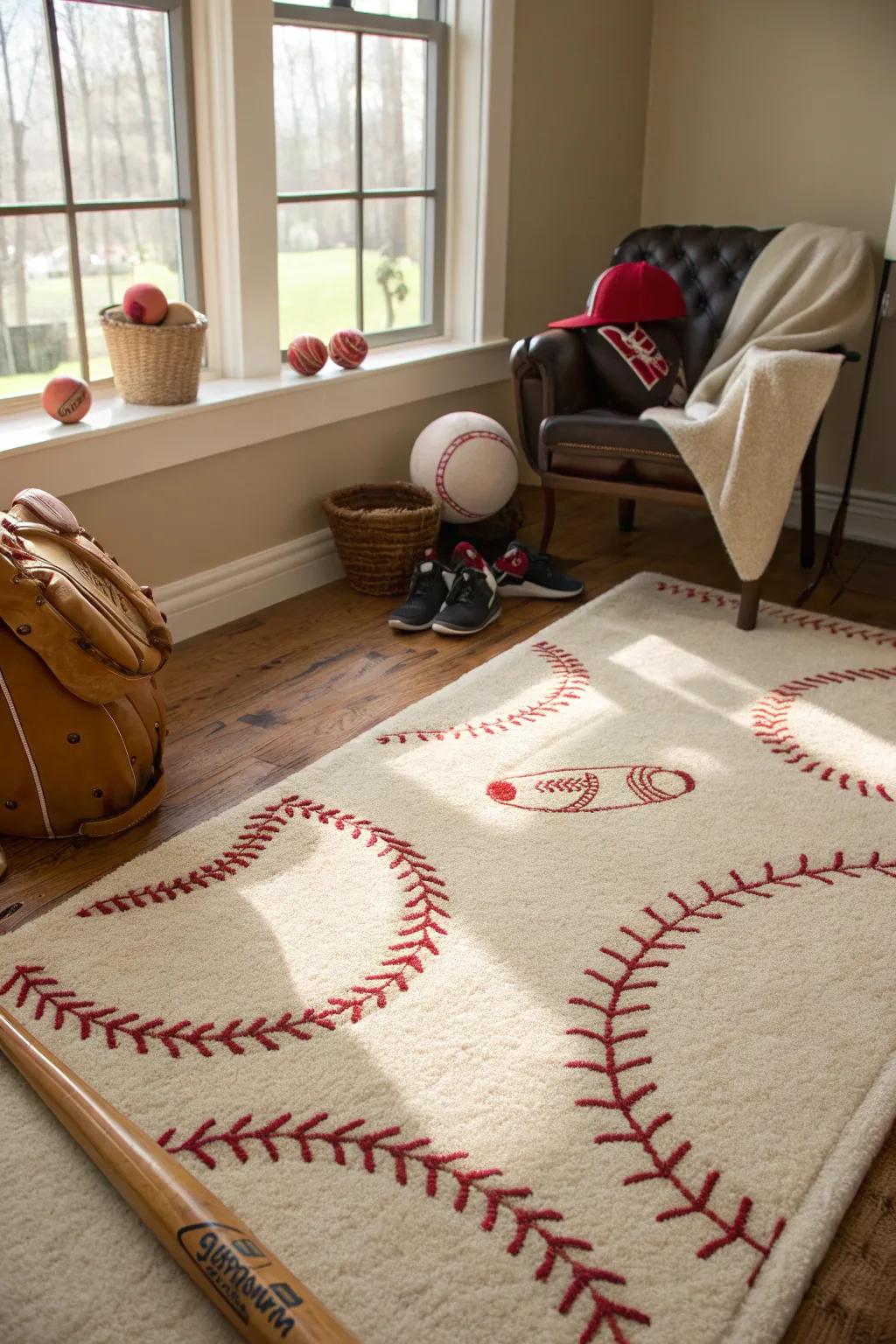 Step into comfort with a rug that nods to baseball's iconic design.