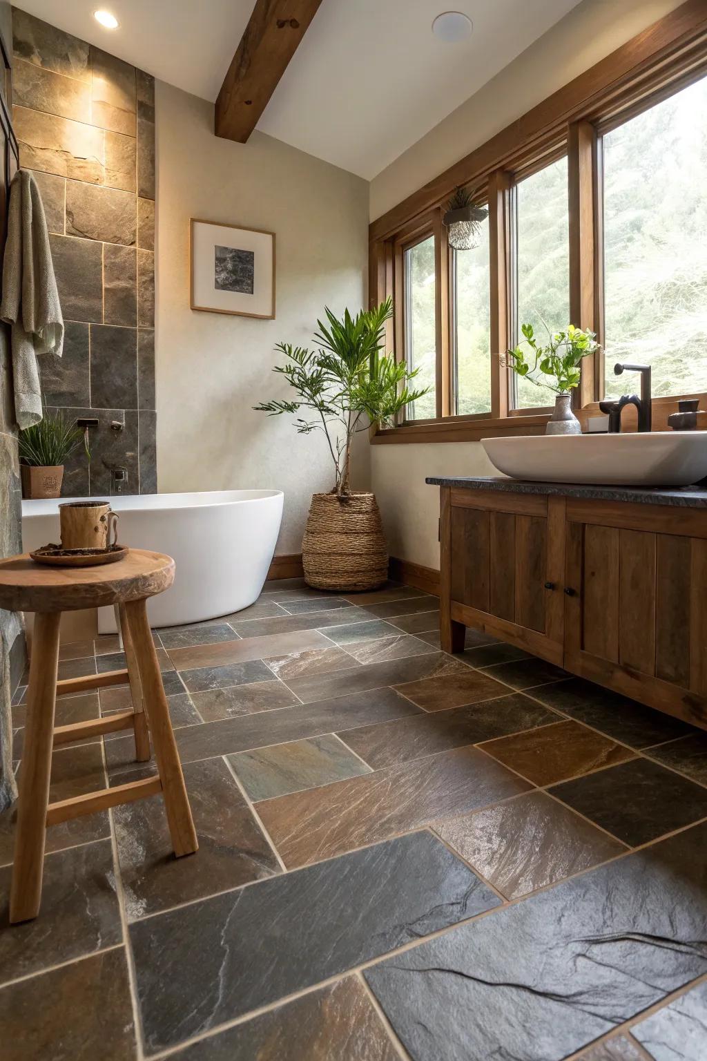 Embrace warmth with earth tones that beautifully complement slate floors. 🌍 #EarthTones #SlateFloors #WarmInteriors