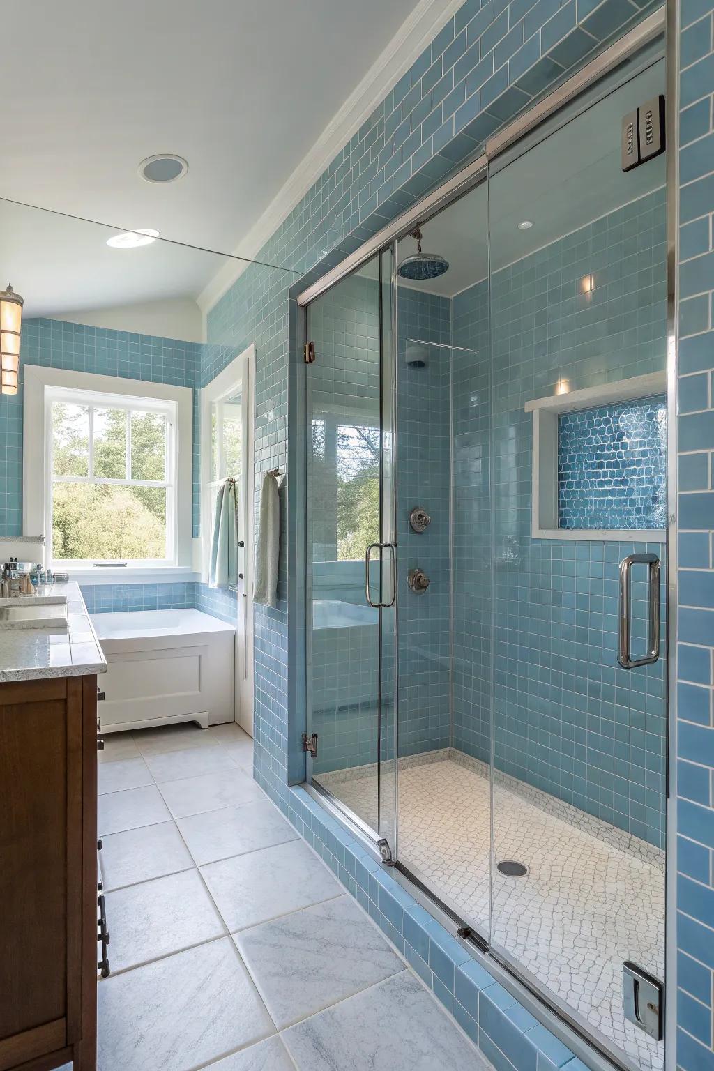 Combine sleek glass doors with blue tiles for an open, airy feel.