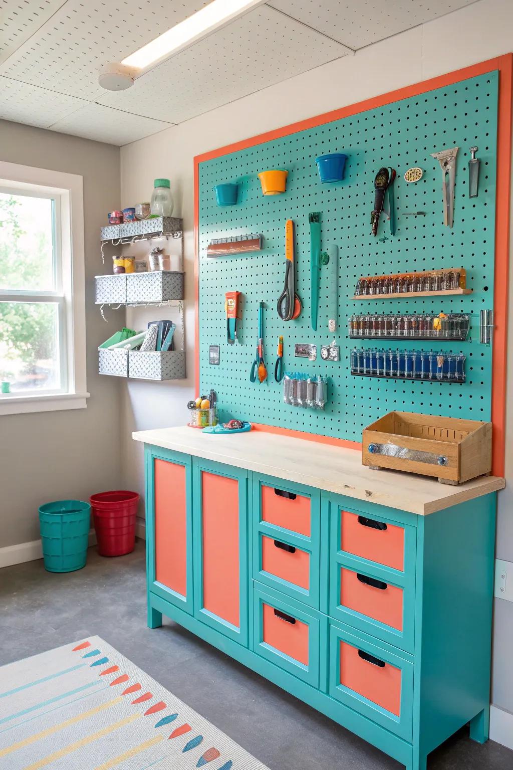 Achieve organized efficiency with a versatile pegboard storage system.