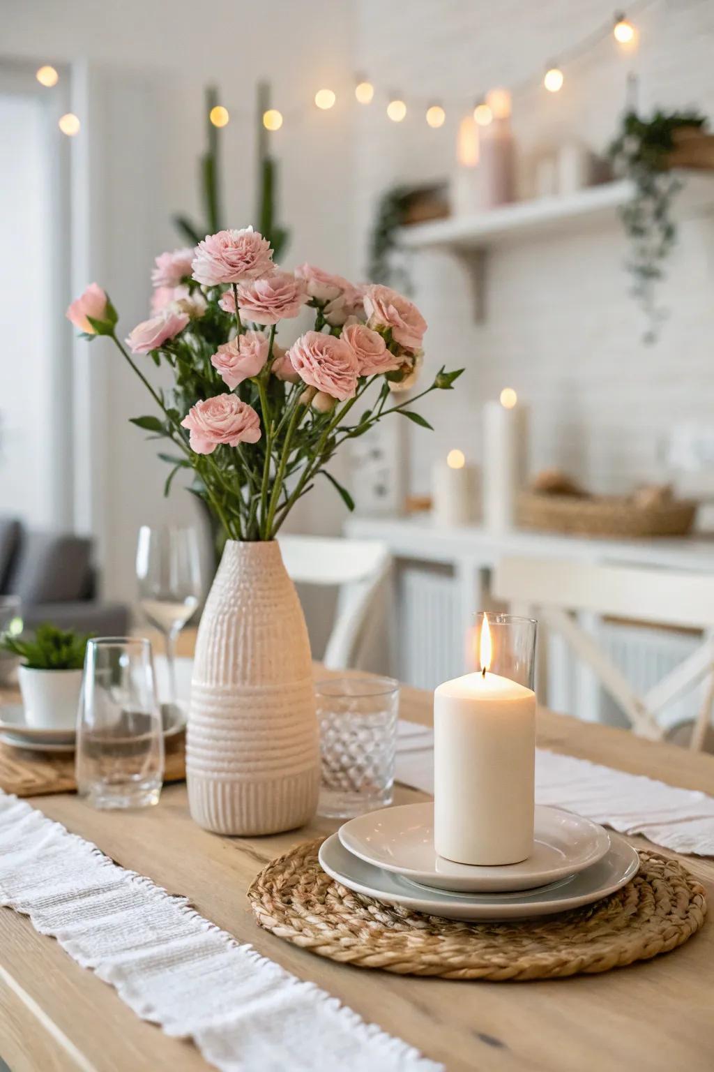 Embrace tranquility with a soft and neutral color scheme for your romantic evening.