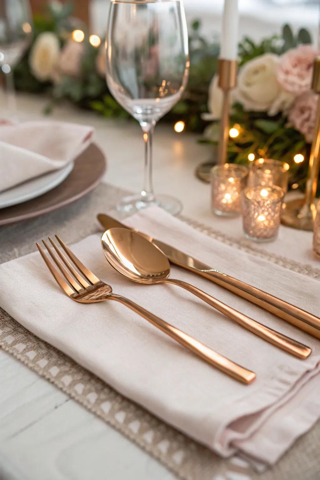 Add a touch of luxury with metallic flatware that complements elegant table settings. #WeddingFlatware #TableElegance