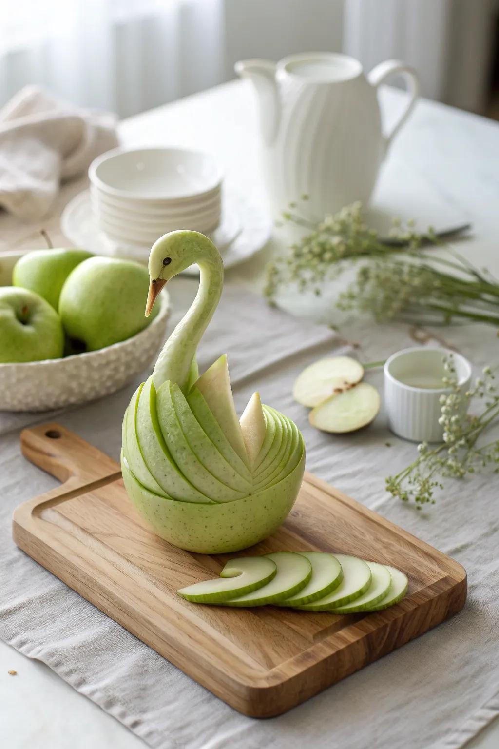 🦢 Add a touch of elegance with this stunning apple swan centerpiece. #HomeElegance #TableArt #FruitSculpture