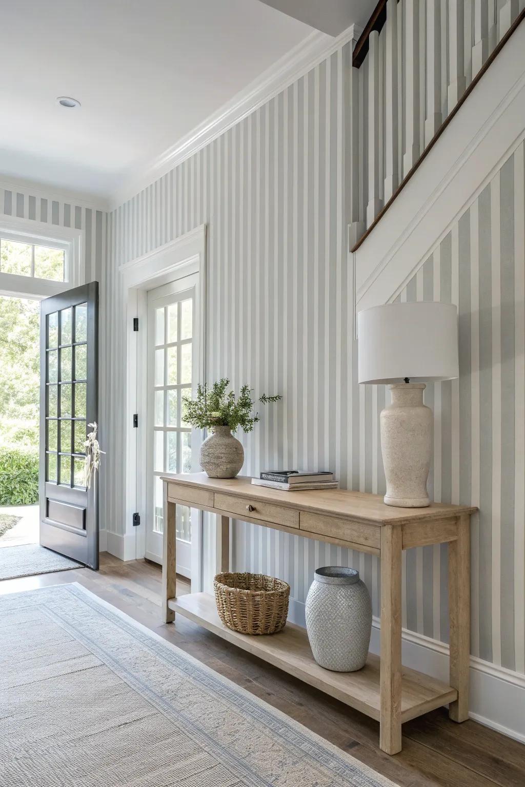 Stripes can transform dimensions, adding height or width to your entryway. 📏 #InteriorIllusions #StripesInDesign