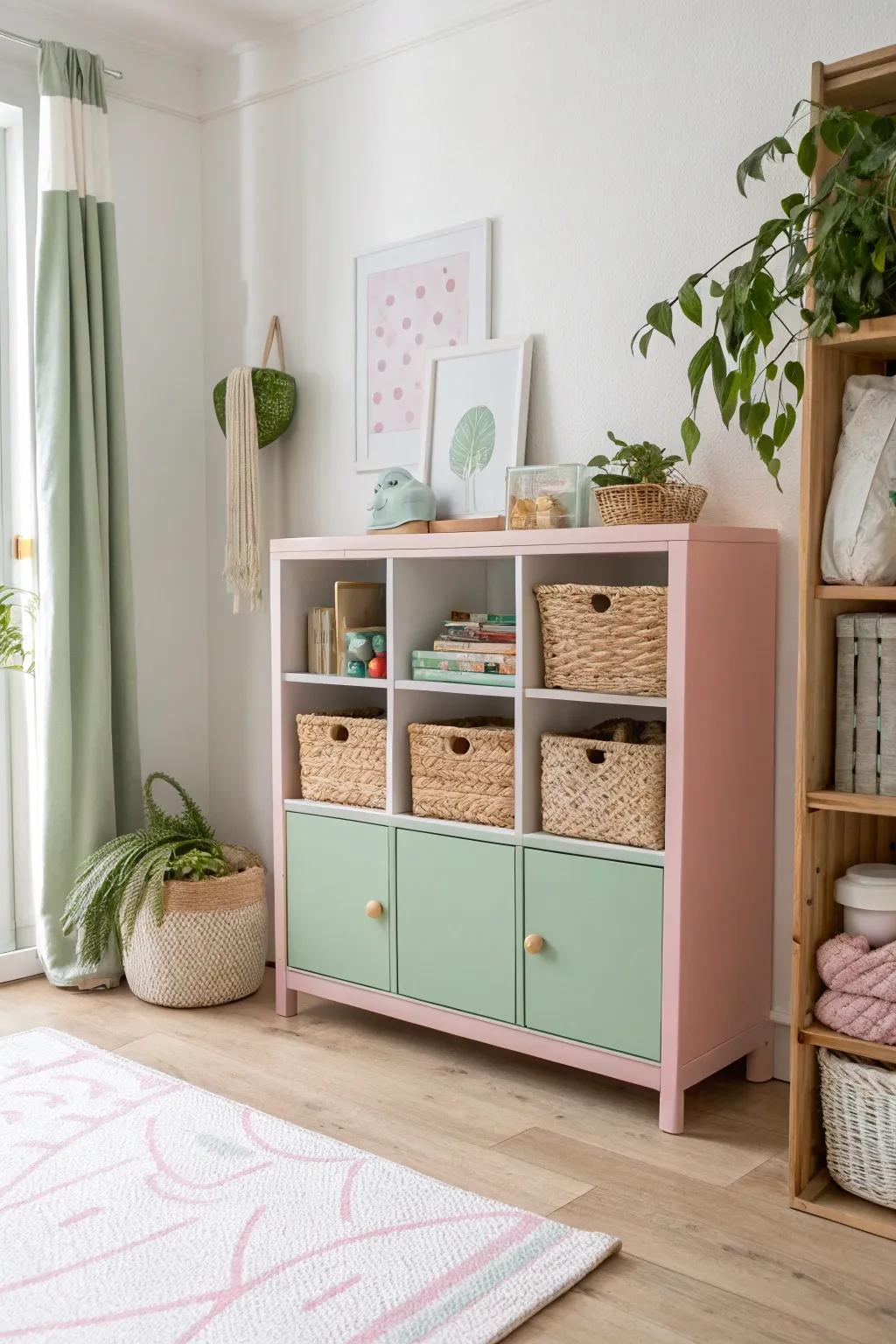 Keep clutter at bay with stylish pink and green storage solutions that add charm and order. 🧺🎨 #NurseryOrganization #FunctionalDesign