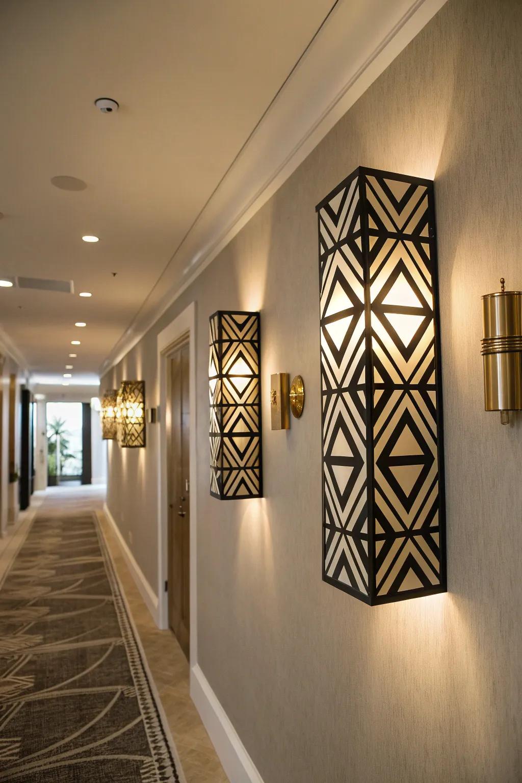 Turn your hallway into an art gallery with stunning geometric sconces. 🔷 #GeometricDesign #ModernHome #SconceArt