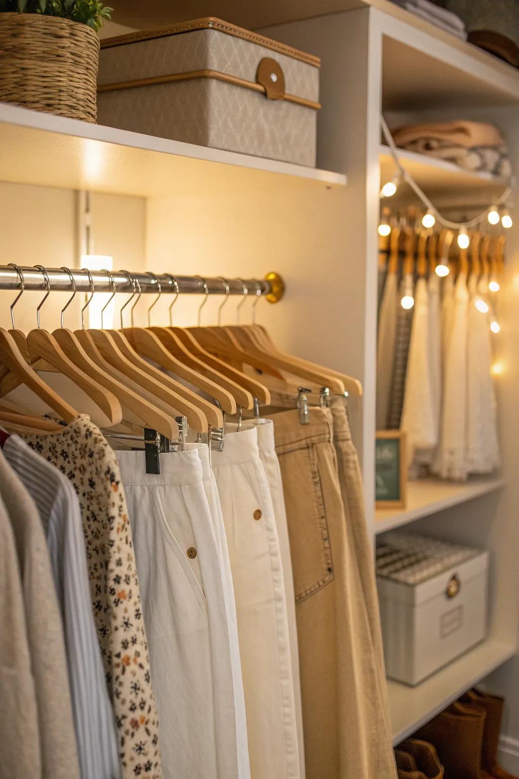 Multi-tiered hangers maximize your closet's potential, offering a neat solution for pants and skirts. 👖 #ClosetHacks #OrganizedLiving