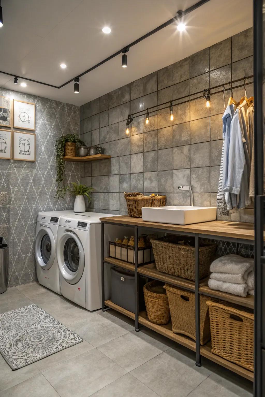 Achieve urban chic with concrete-look tiles for an industrial edge in your laundry room. 🏙️ #IndustrialStyle #UrbanChic #TileDesign