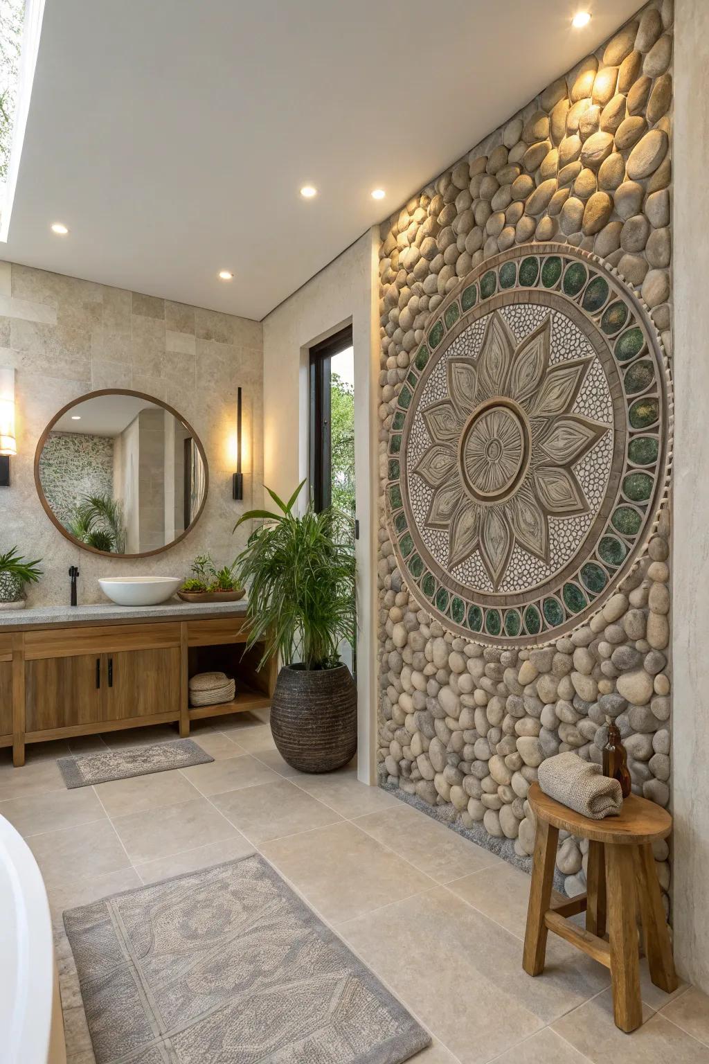 Let your creativity shine with stunning pebble mosaic art that turns your bathroom into a masterpiece.