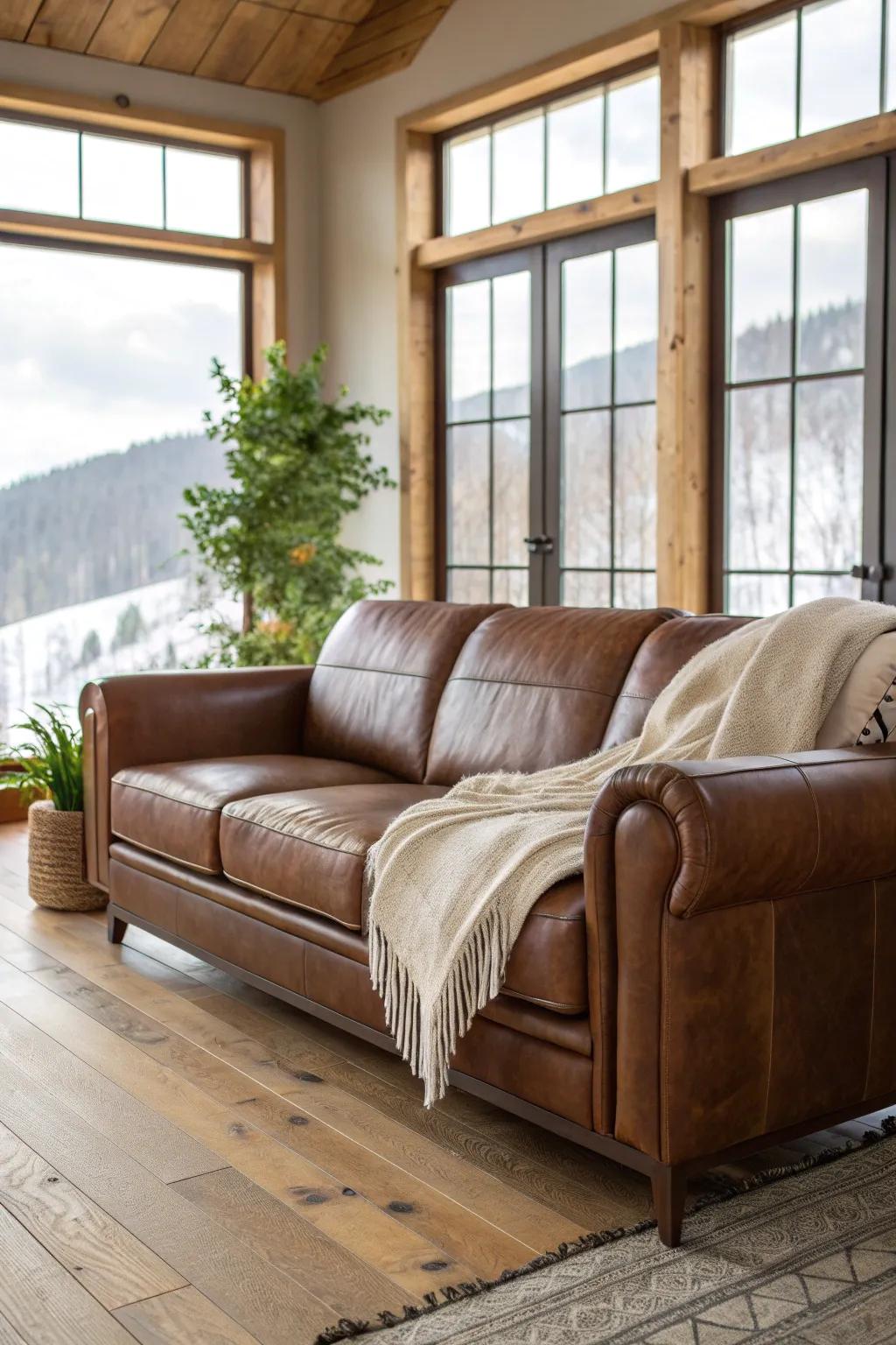 Leather furniture combines comfort with classic style, perfect for a mountain retreat.