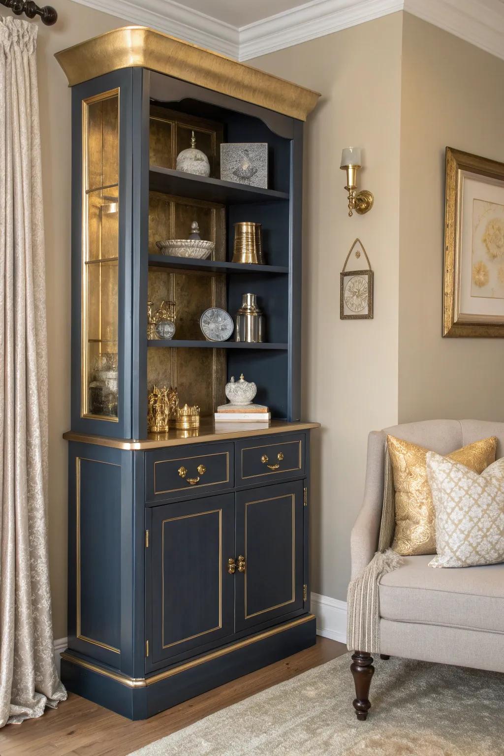 Infuse glamour with metallic accents that turn your hutch into a dazzling centerpiece. ✨ #GlamDecor #MetallicMagic #InteriorDesign