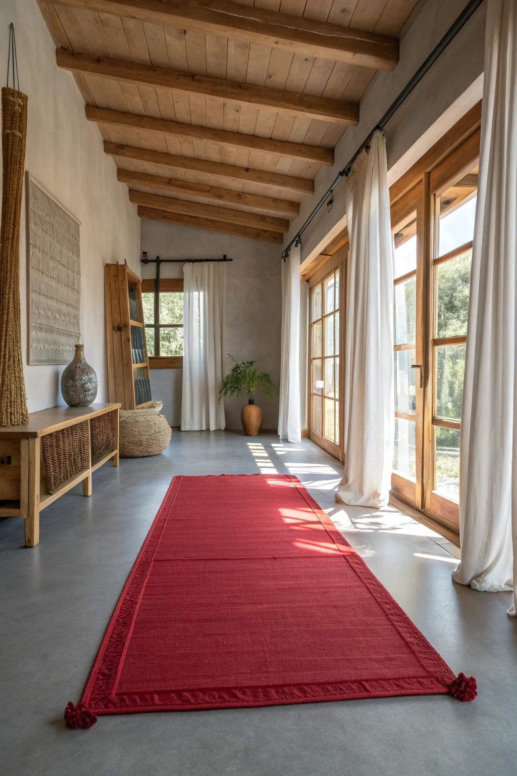Ground your space with a bold red rug on gray floors for warmth and focus. 🏡 #RugDesign #HomeDecor