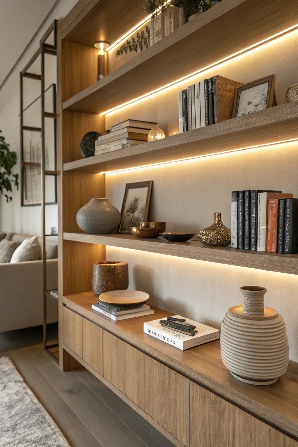 Add sophistication with shelf edge lighting that provides a subtle yet stunning glow. #InteriorElegance #HomeStyle