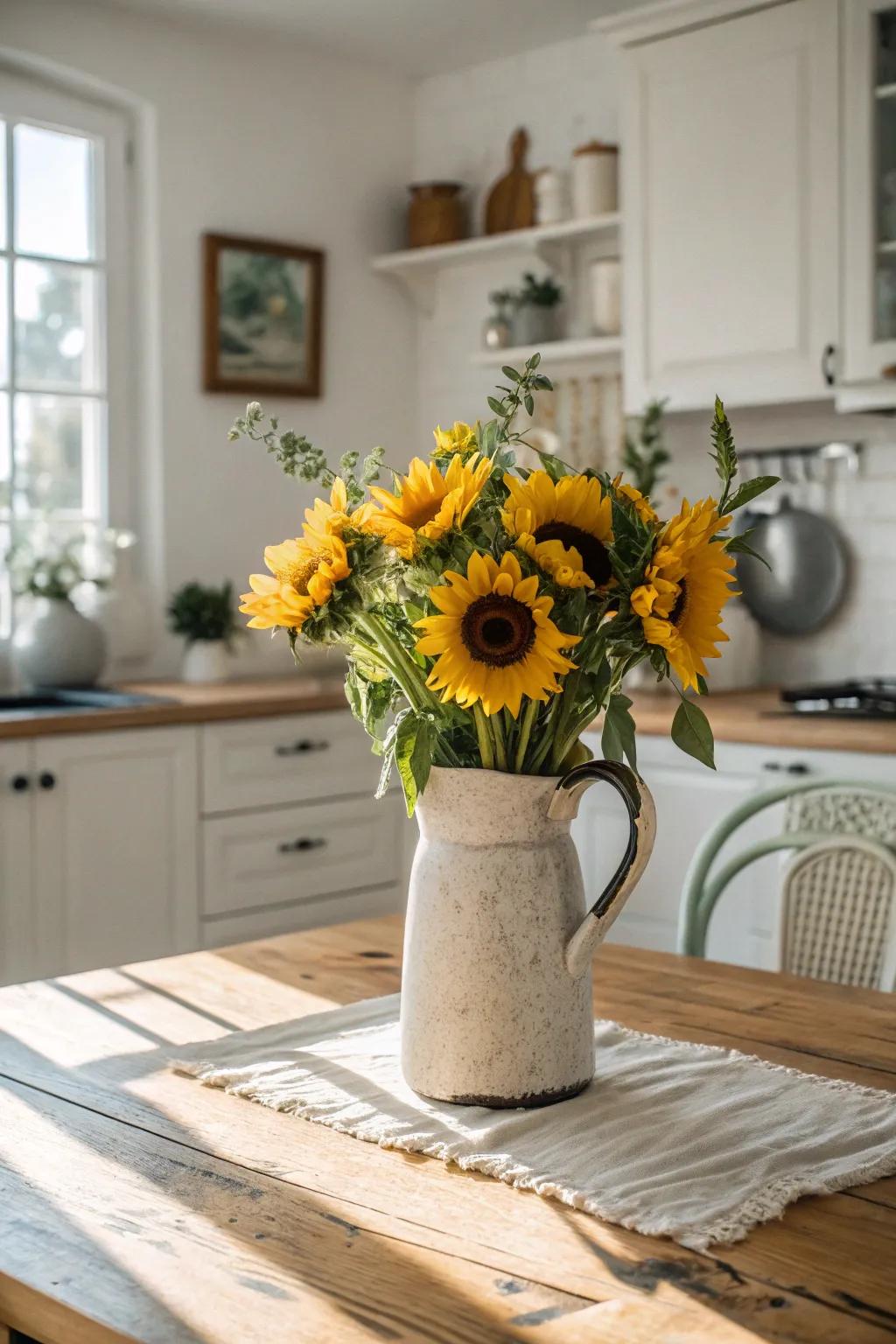 Infuse your kitchen with joy and warmth with a vibrant sunflower arrangement. 🌻 #SunflowerLove #KitchenDecor