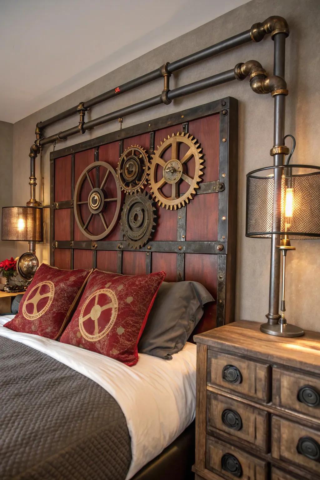 Transform your bedroom with a steampunk headboard for a unique and cozy retreat. 🛏️ #BedroomDecor #SteampunkVibes