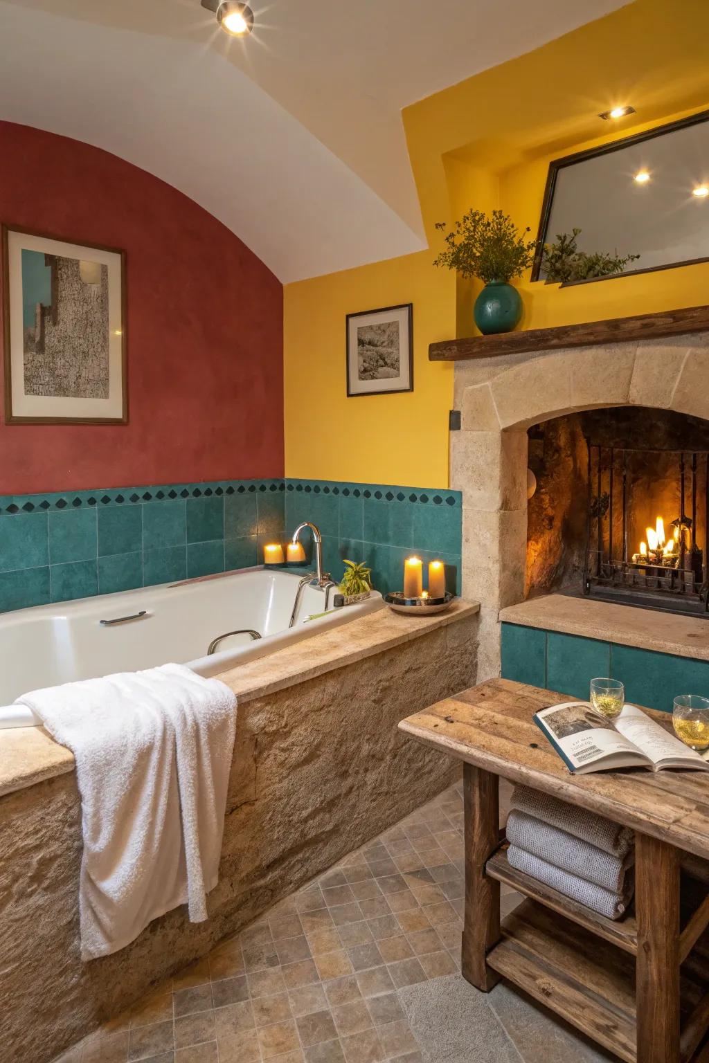 Add a touch of romance with a sunken tub beside a fireplace for cozy relaxation.