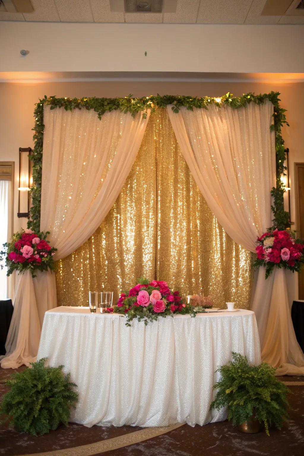 Sequin fabric adds glamour and sparkle, creating a dazzling backdrop for your special day. ✨ #GlamDecor #Sequins
