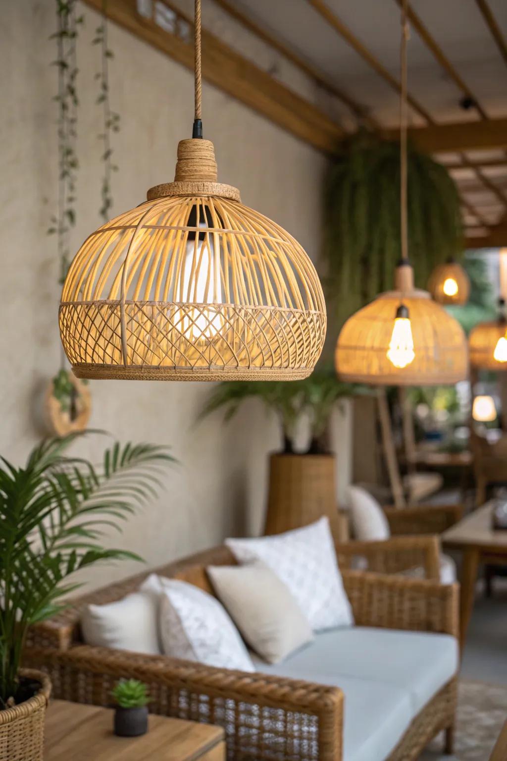 Create a cozy atmosphere with bamboo pendant lights that illuminate with warmth. 💡 #LightingDesign #CozyHome
