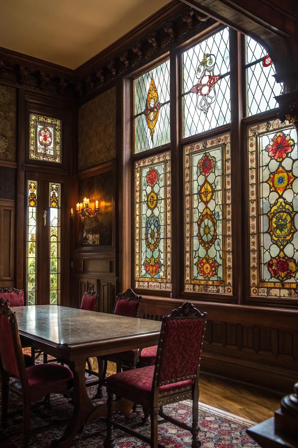 Stained glass windows illuminate your space with colorful light, creating a magical atmosphere.