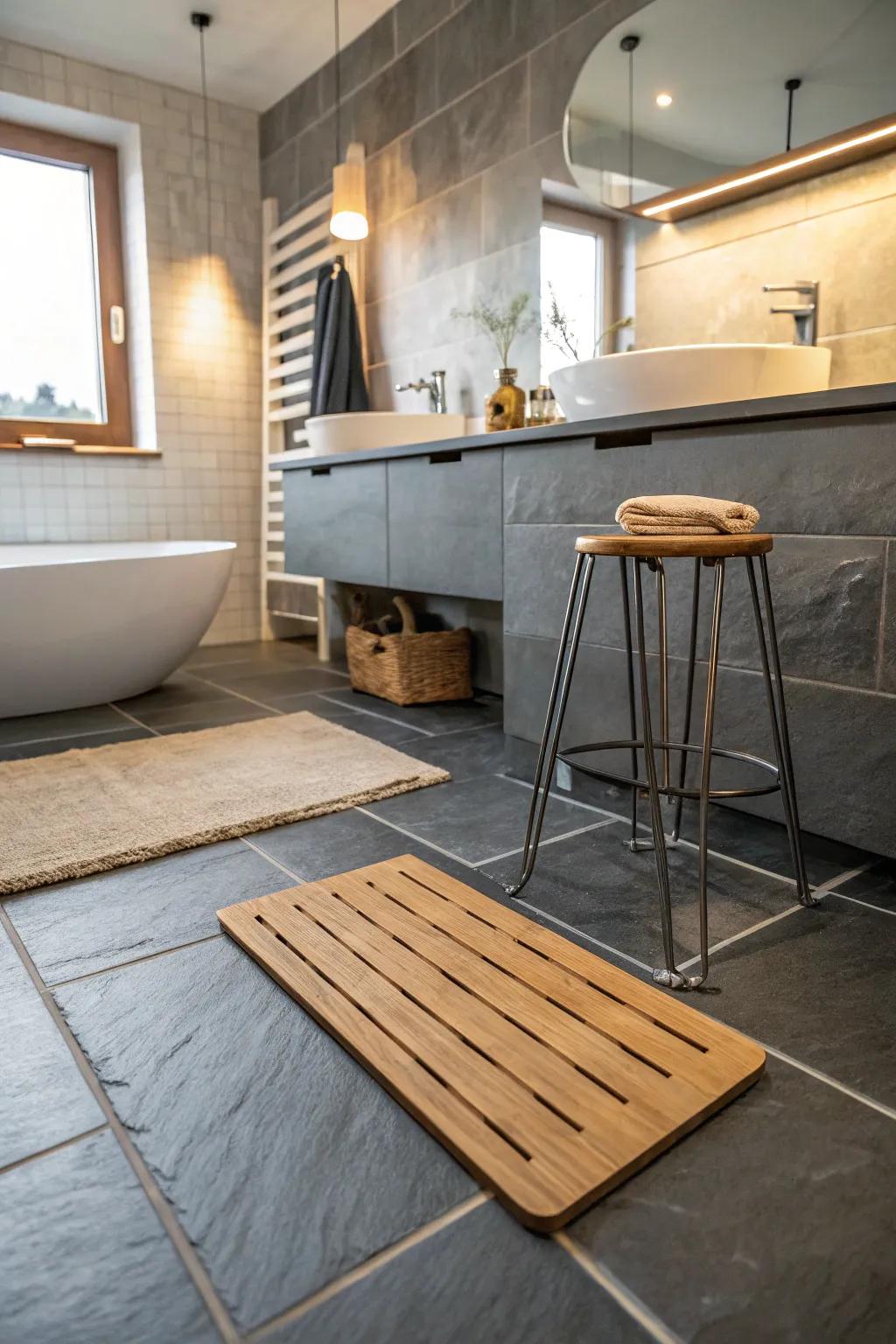 An eclectic mix of textures with slate flooring creates a uniquely personal bathroom space.